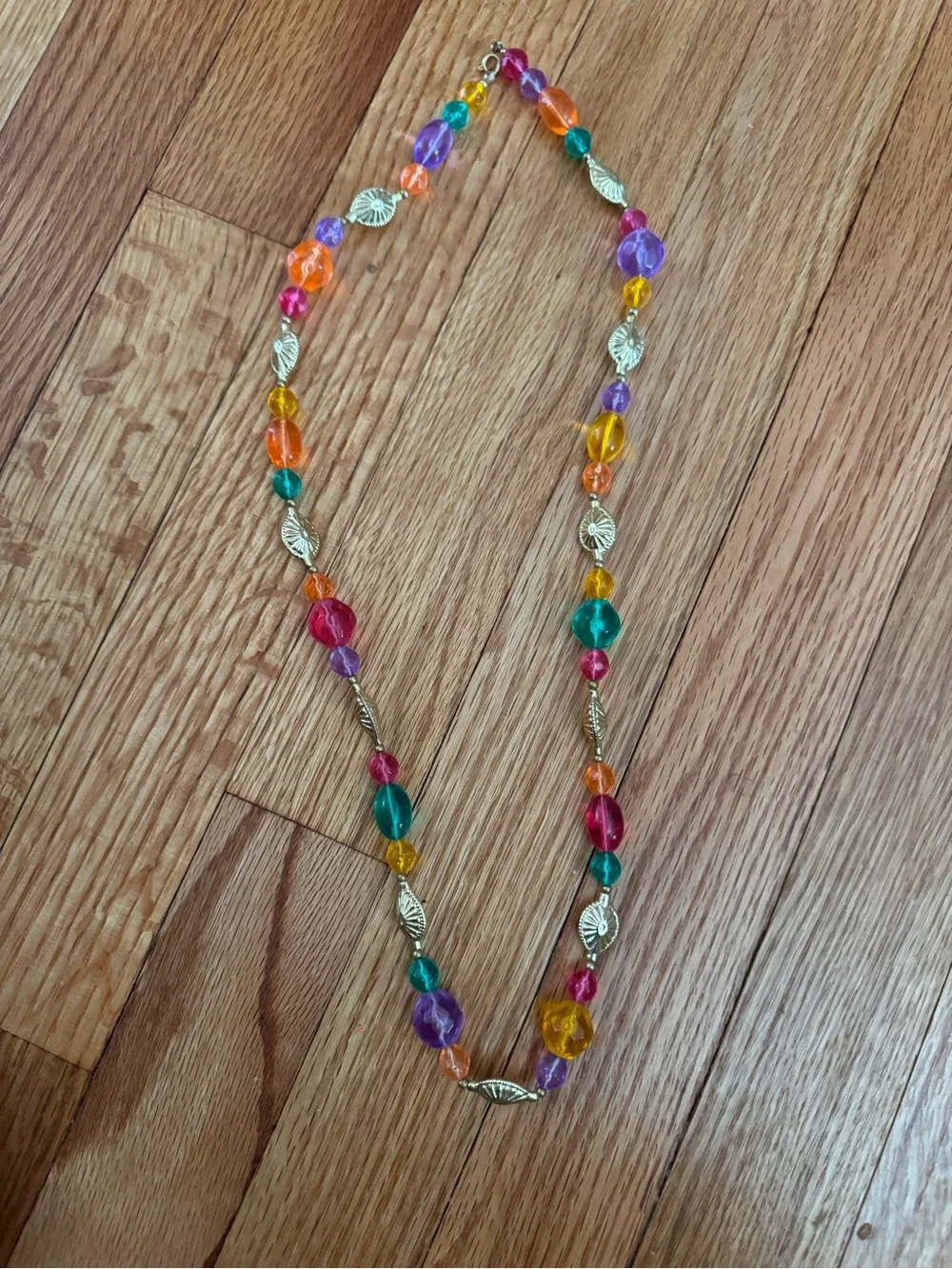 Vintage Multi-Color Beaded Necklace with Gold Leaf Accents